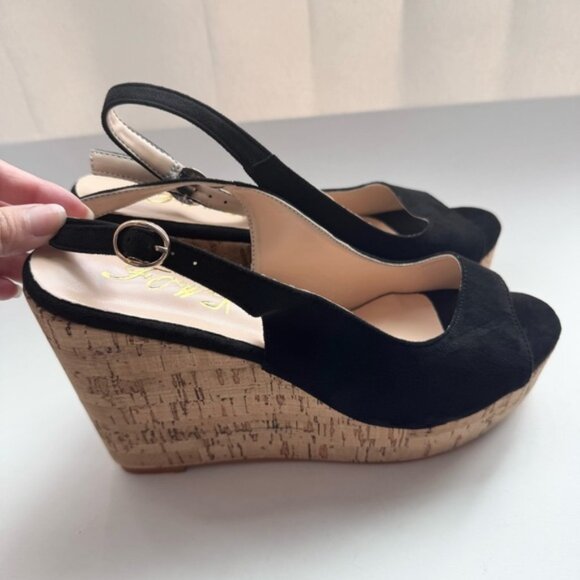 Size 9.5 Black Suede Women Peep Toe Slingback Platform Wedge Sandals High Heel - Picture 2 of 13